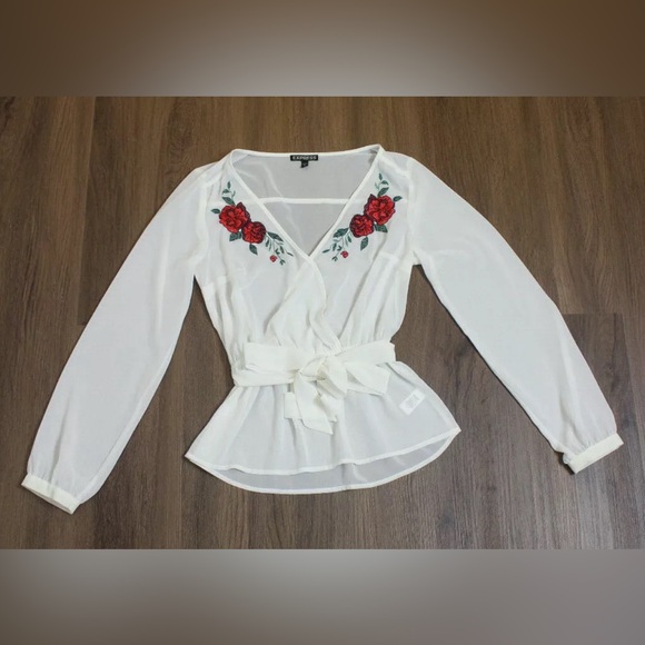 EXPRESS women’s sheer white blouse with embroidery print - Picture 3 of 7